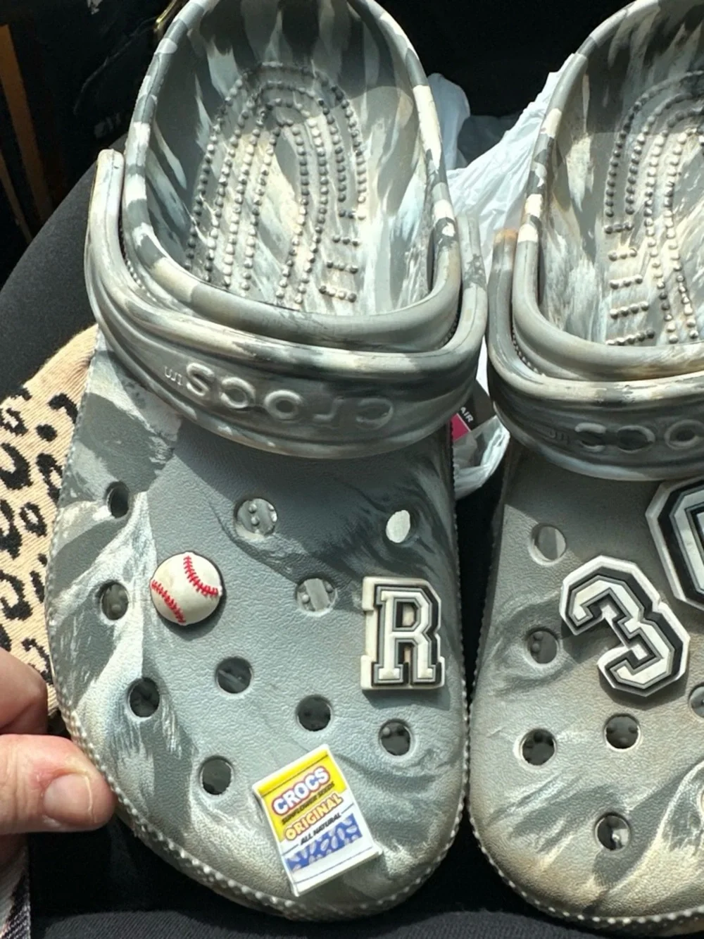 CROCS Kids' Gray Marbled Clogs with Baseball & Number Charms